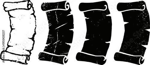 Four vintage parchment scroll illustrations with textured grunge style, blank old paper sheets for design