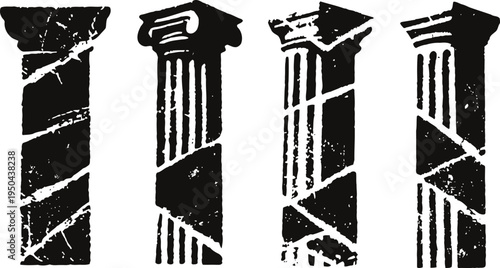 Ancient greek columns with cracks and damage historic architecture ruins with classical doric and ionic styles
