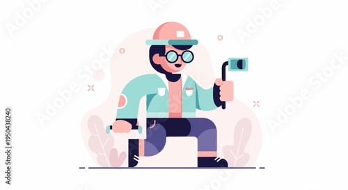 Animated figure with camera on gimbal, wearing hat and glasses, on the move