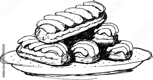 Hand drawn eclairs with cream filling arranged on plate, classic french dessert illustration