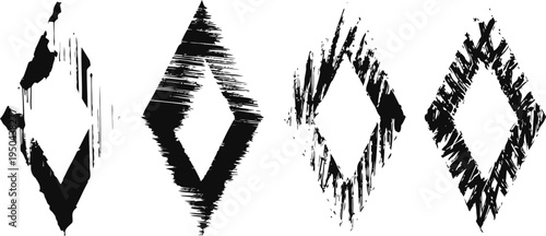 set of four grunge diamond shapes black distressed geometric design elements abstract rough textured frames