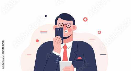 Businessman in suit taking selfie on phone, holding cup