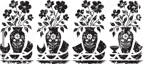 decorative floral vase with sliced citrus fruits and eggshells in black and white art