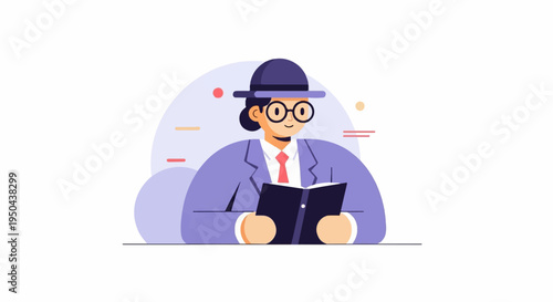 Stylized person in suit and hat reading a book