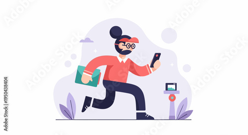 Stylized figure running with a phone and bag, a camera setup nearby