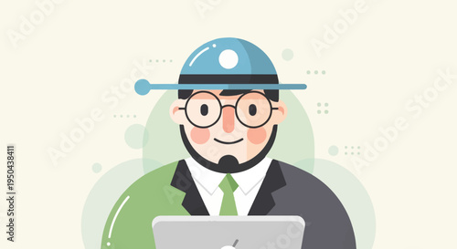 Cheerful cartoon man in glasses with hat and laptop, colorful abstract background