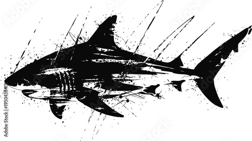 abstract black shark silhouette with splatter paint effect, aggressive ocean predator art design