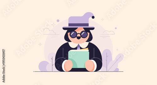 Whimsical figure in wizard hat holds book, surrounded by soft, pastel clouds and foliage