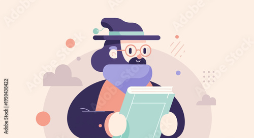 Whimsical, bearded character wearing a hat and glasses reads a book