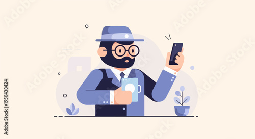 Stylized character with hat and glasses holding phone and cup