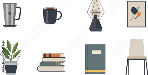 Various home decor and study items arranged on a white background