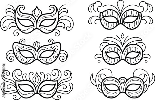 Decorative carnival mask set, elegant masquerade party masks, ornamental venetian style line art vector illustration for festival costume design