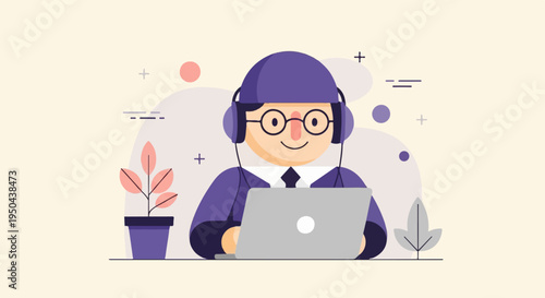 Cheerful person with headphones and laptop surrounded by abstract shapes