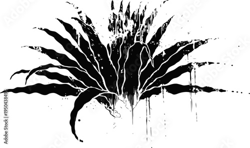 Abstract black paint splash with leaves silhouette artistic ink blot floral design for creative projects