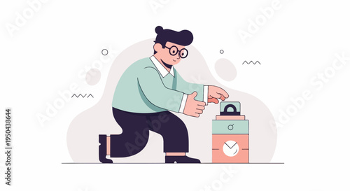 Person interacting with stacked boxes resembling clock and alarm, abstract shapes