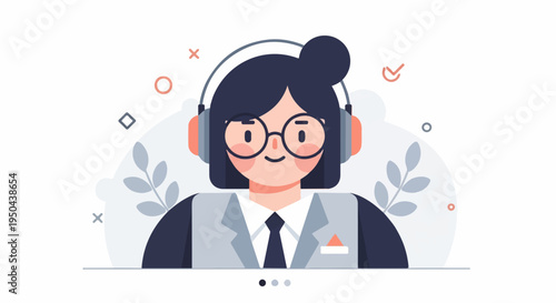 A stylized illustration of a person with headphones and glasses