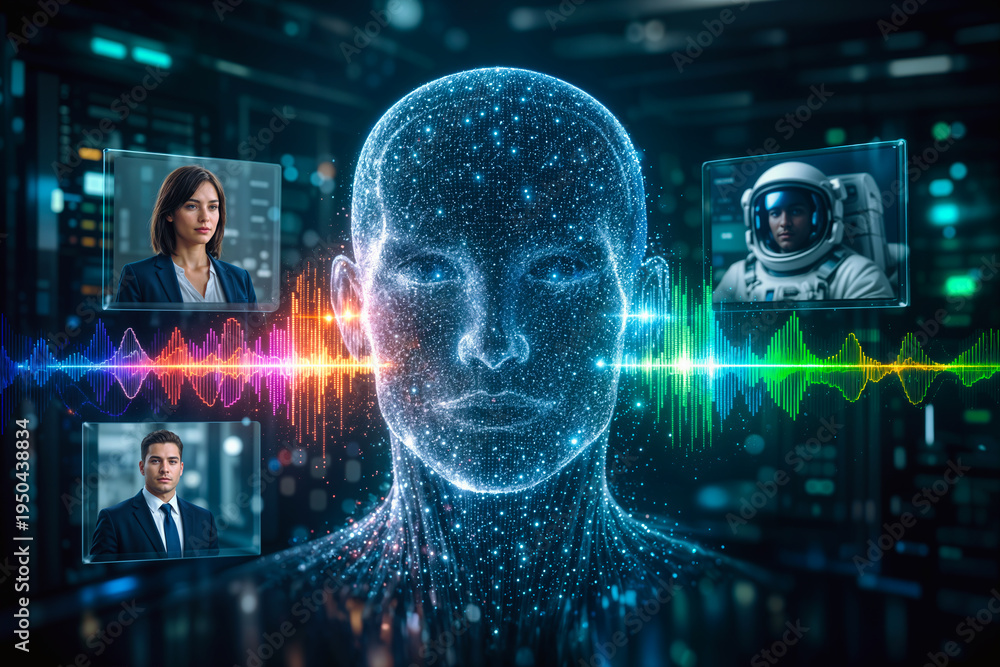 Obraz premium Futuristic full-duplex AI voice model with translucent neural wireframe head, bi-directional audio waveforms, holographic virtual personas teacher executive astronaut server room