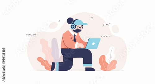 Person wearing headphones and hat works on a laptop among plants
