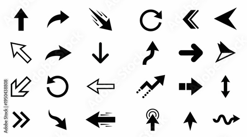 Arrow Icons, Directional Signs, Curved, Spiral, Loop, Stylized Tips, Navigation Vector Set for UI, Graphic Design, Infographics, Interface Elements, Direction Symbols