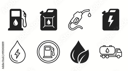 Fuel Pump, Jerry Can, Eco Droplet, Energy Lightning, Sustainable Fuel Icons, Tanker Truck, Renewable Energy Vector Set for Industry, Transport, Environment, Power, Oil, Gas