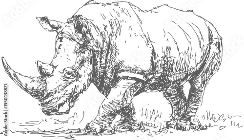 Rhino walking on grass wild african animal with thick skin and prominent horn in natural habitat