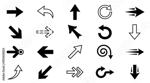 Arrow Icons, Directional Signs, Curved, Spiral, Loop, Stylized Tips, Navigation Vector Set for UI, Graphic Design, Infographics, Interface Elements, Direction Symbols