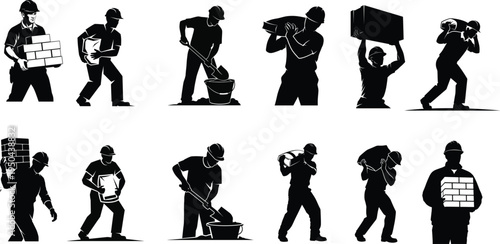 Silhouette of various construction workers in different poses and activities