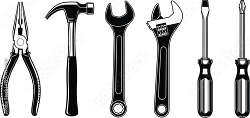 Hand tools silhouette illustration, needle nose pliers, claw hammer, open end wrench, adjustable wrench, flathead screwdriver, Phillips screwdriver, construction equipment, DIY repair essentials