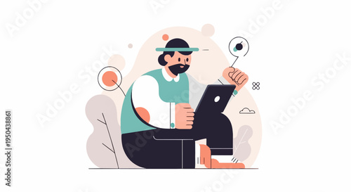 A man with a beard wearing a hat uses a tablet computer