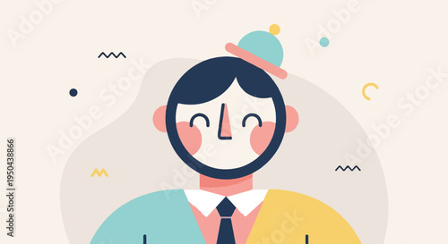 A stylized, happy, smiling person with a beard and hat