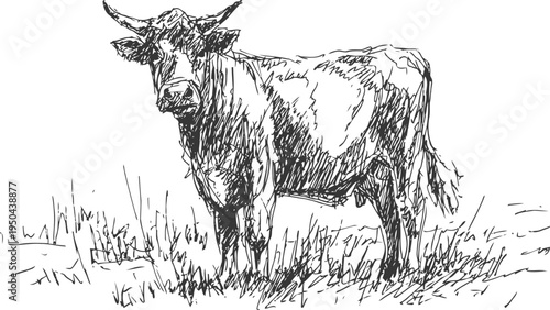 Sketch of a standing cow grazing in the grass rural farm animal drawing with detailed line art