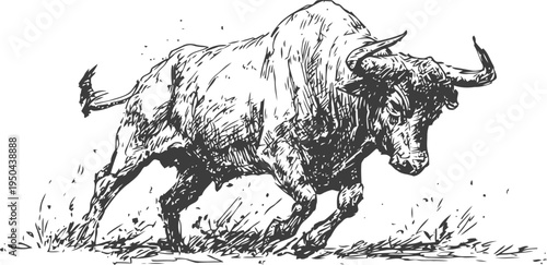 charging bull illustration powerful, aggressive animal with horns in dynamic pose, wild nature concept