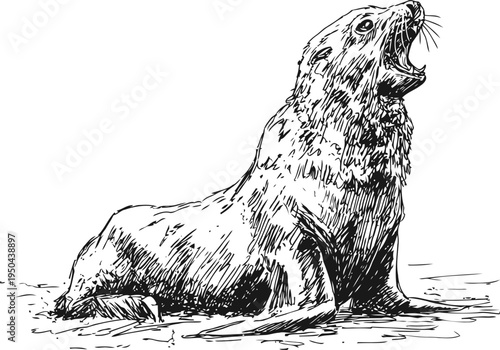 Illustration of a roaring sea lion on the shore with detailed fur texture and open mouth