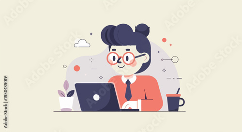 Cheerful person with glasses working on a laptop with a coffee cup and plant