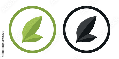 Matcha tea green leaves vector flat design icons set isolated on white background. Japanese healthy green tea bush leaf symbol for web, packaging design and branding