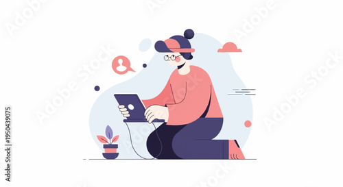 Person in cap and glasses on floor with laptop, headphones, and potted plant