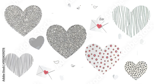 Various hearts and envelopes with love symbols float in air 