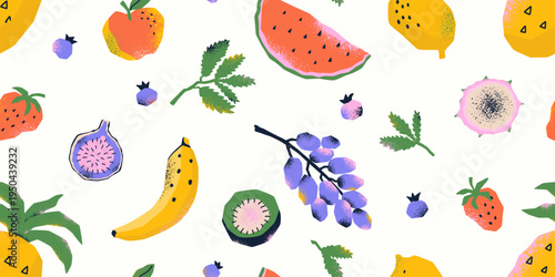 A flat seamless pattern with textured tropical fruits. A tropical background for juice, smoothies, or healthy products. Vector illustration for packaging or cards.