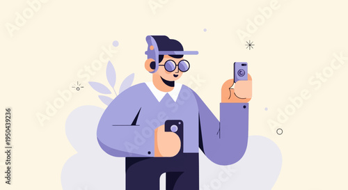 Cartoon person with headphones and glasses holding up two phones