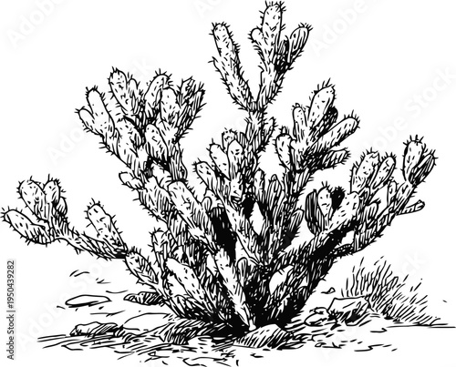 Wild cactus plant illustration with spines growing in desert landscape detailed botanical drawing