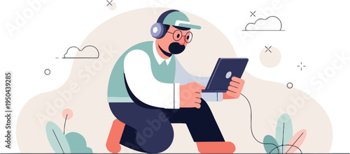 Man in cap and headphones with glasses on laptop, outdoors