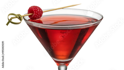 A vibrant red cosmopolitan cocktail served in a martini glass with a fresh raspberry garnish isolated on transparent background