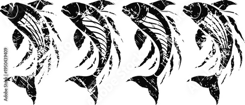 Black stylized fish illustrations with artistic tribal patterns in swim motion design