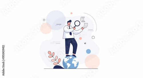 Man with magnifying glass inspects documents standing on globe