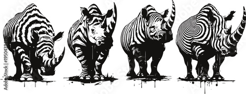 Zebra pattern rhinoceros silhouettes in a row with striped animal camouflage design