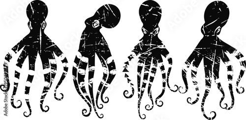 black and white octopus silhouettes with textured distressed in various poses