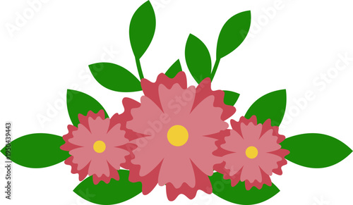Simple vector graphic illustration featuring three layered pink blossoms surrounded by bright green foliage elements on a black background design.