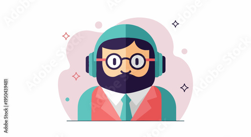 Flat illustration of a man with headphones and glasses, wearing a suit