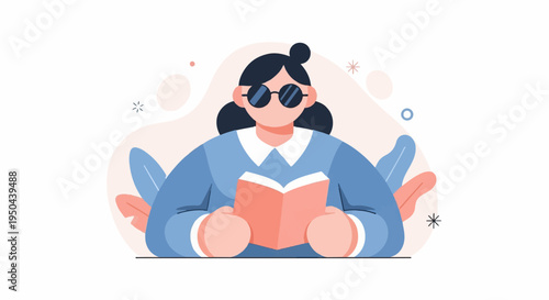 Person with dark hair wearing round glasses reads a book