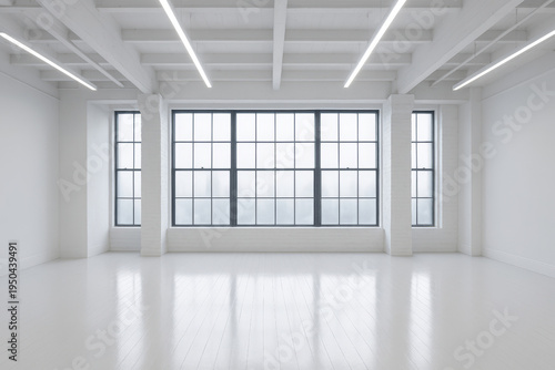 Large Empty White Room With Tall Grid Windows, White Painted Wood Floor, Bright Linear Lights, and Structural Columns Creating an Open, Airy Environment During the Day